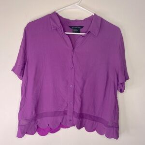 Armani Exchange Purple Short Sleeve Button Down Shirt With Scalloped Edges Large
